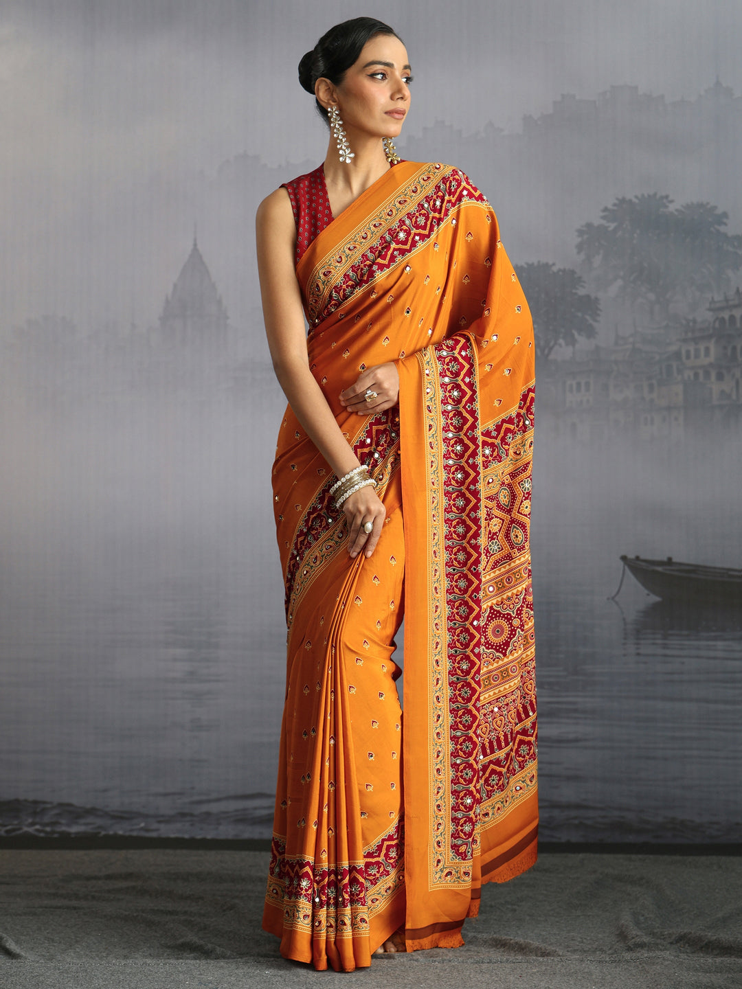 Libas Mustard Ajrakh Print Mirror Work Satin Saree