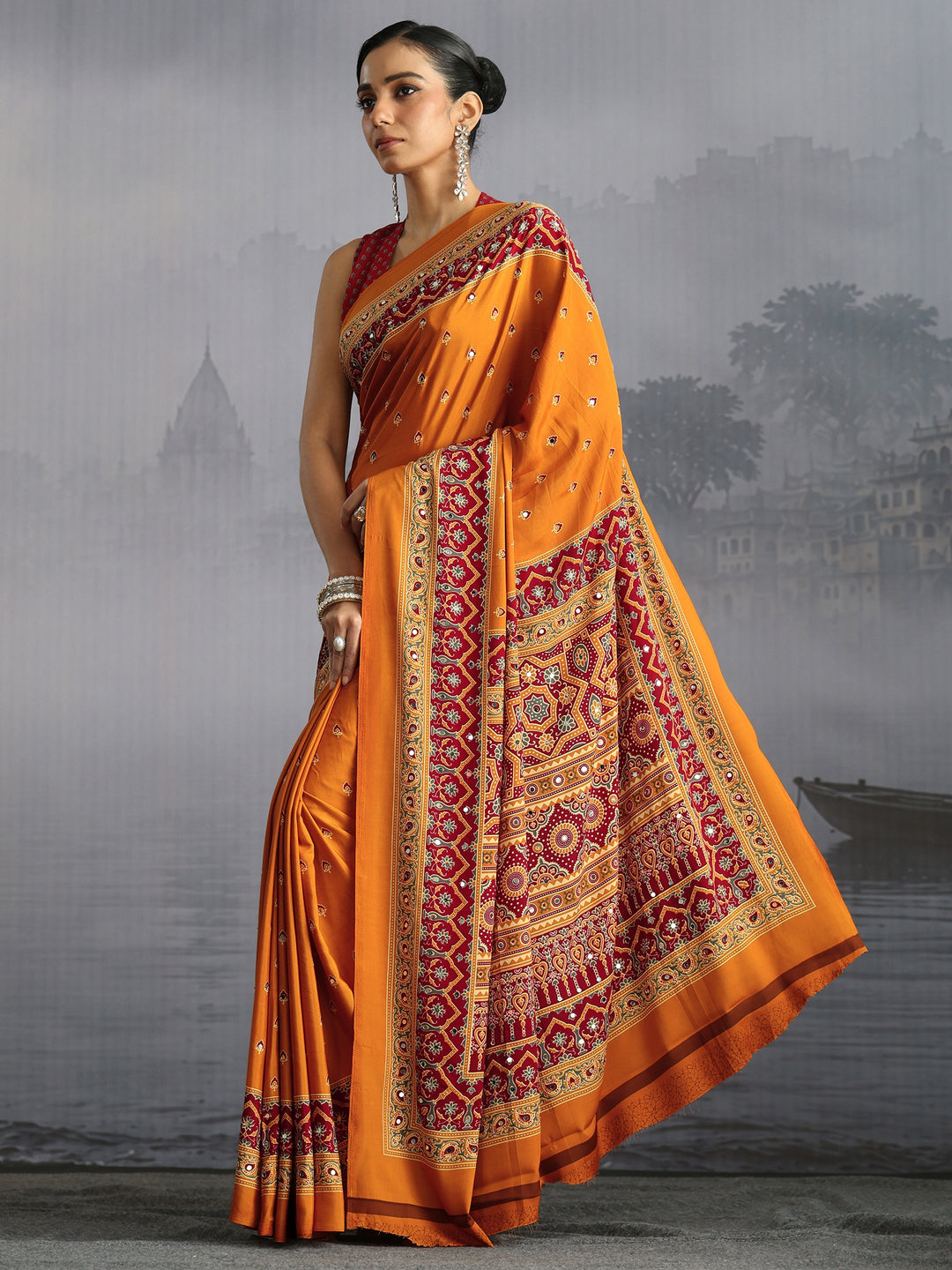 Libas Mustard Ajrakh Print Mirror Work Satin Saree