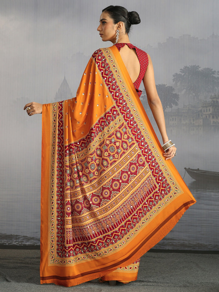 Libas Mustard Ajrakh Print Mirror Work Satin Saree