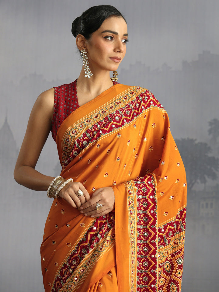 Libas Mustard Ajrakh Print Mirror Work Satin Saree