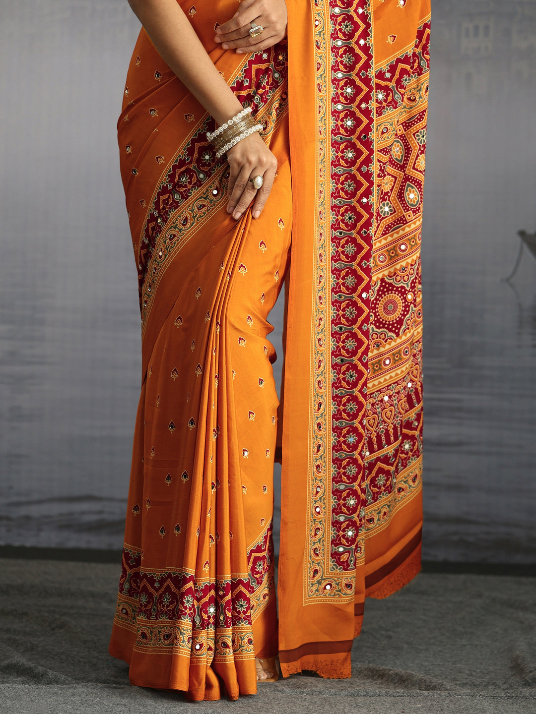 Libas Mustard Ajrakh Print Mirror Work Satin Saree