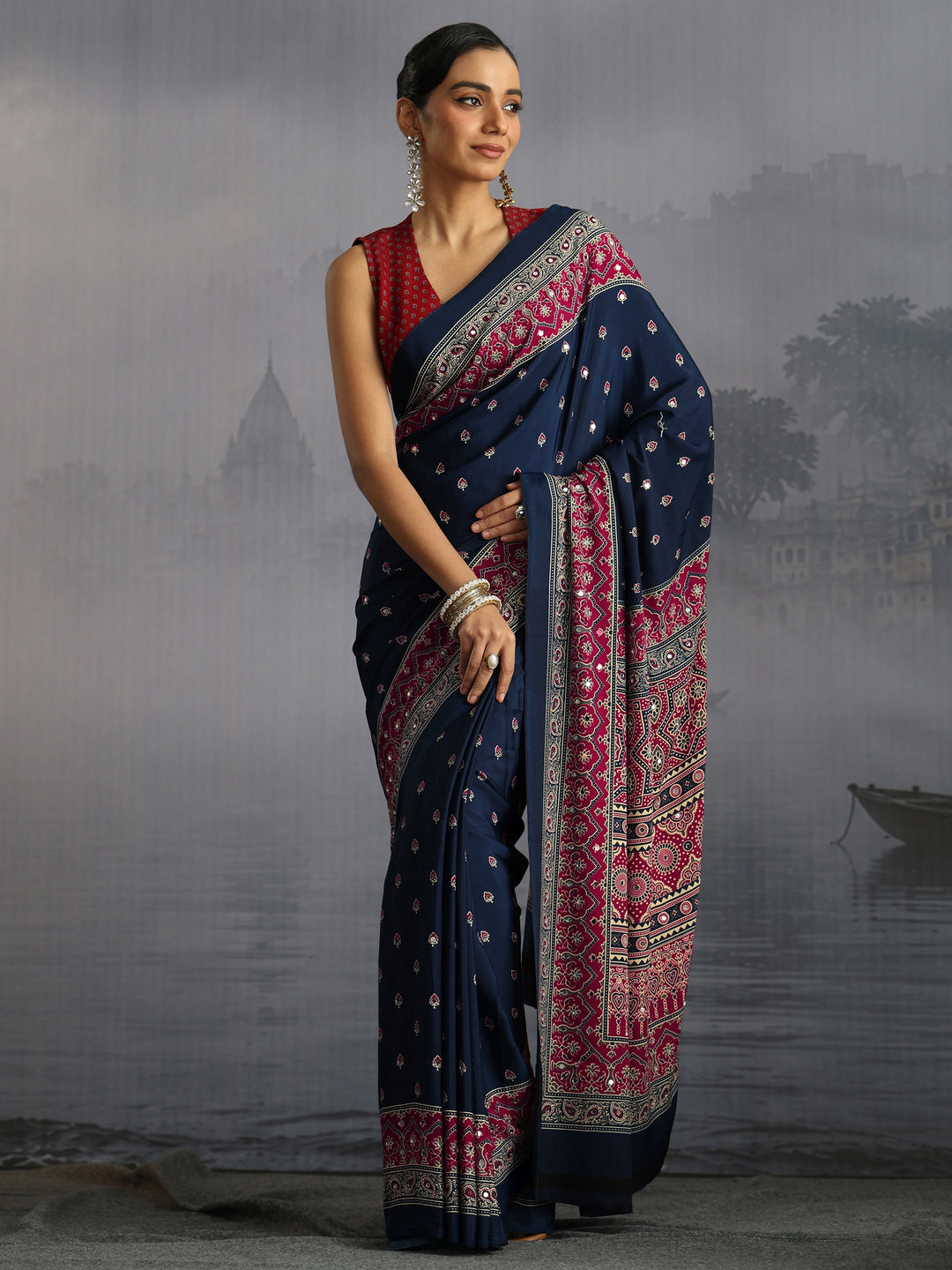 Libas Navy Ajrakh Print Mirror Work Satin Saree