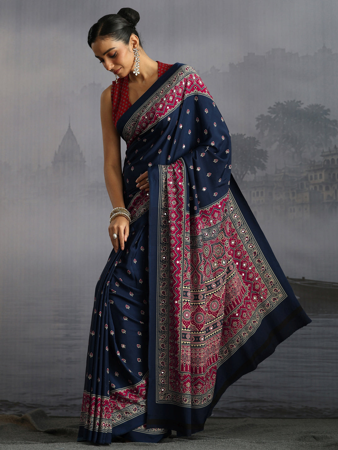 Libas Navy Ajrakh Print Mirror Work Satin Saree