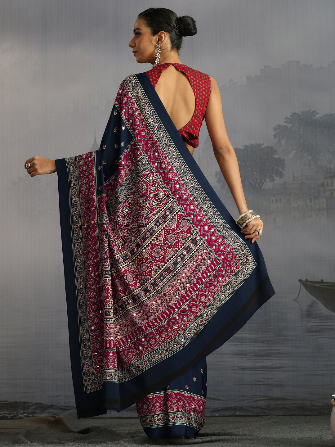 Libas Navy Ajrakh Print Mirror Work Satin Saree