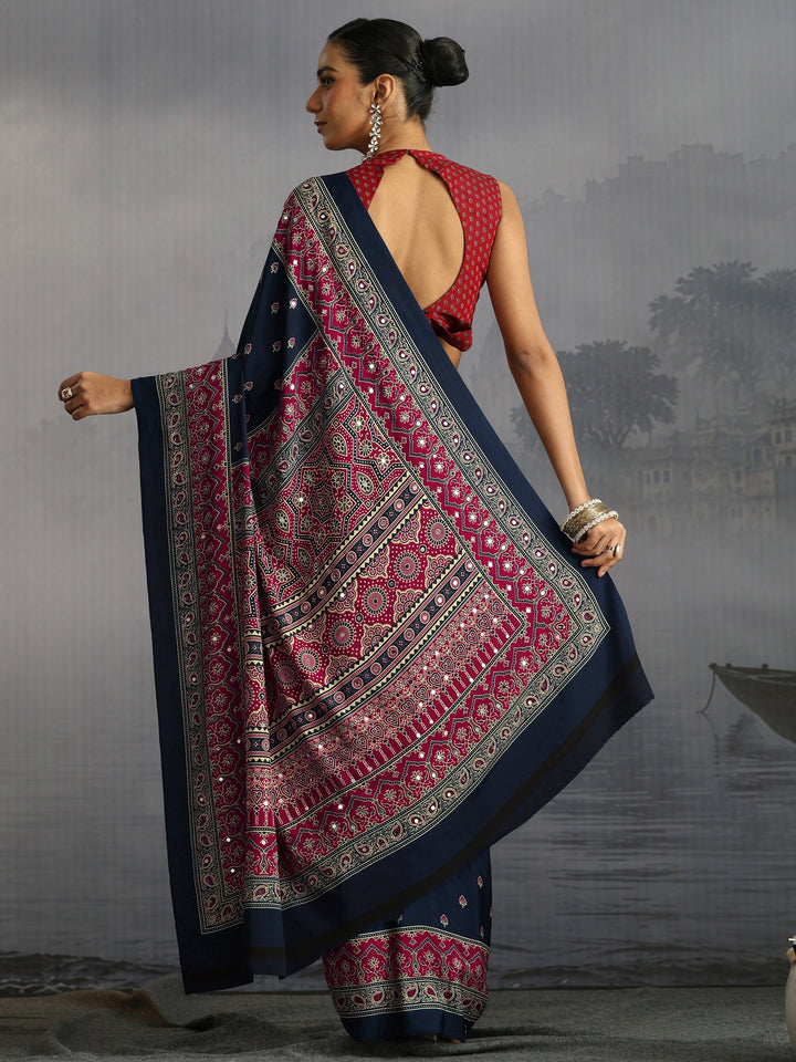 Libas Navy Ajrakh Print Mirror Work Satin Saree