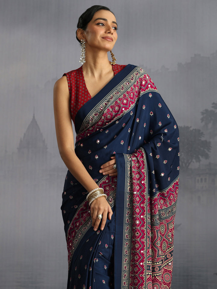 Libas Navy Ajrakh Print Mirror Work Satin Saree