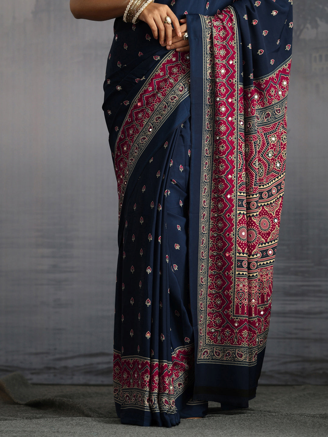 Libas Navy Ajrakh Print Mirror Work Satin Saree