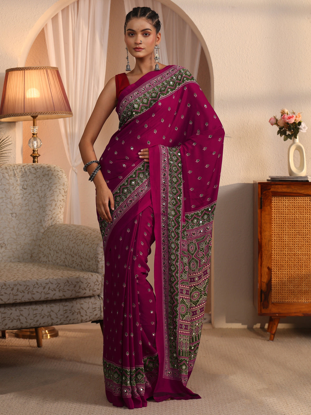 Libas Pink Printed Mirror Work Satin Saree