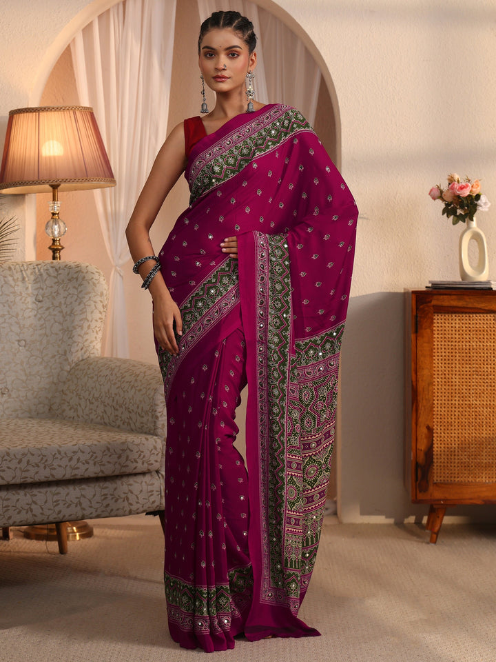 Libas Pink Printed Mirror Work Satin Saree