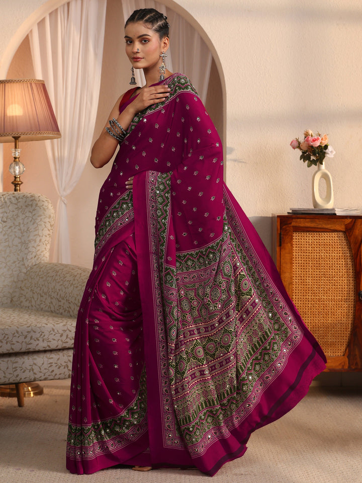 Libas Pink Printed Mirror Work Satin Saree