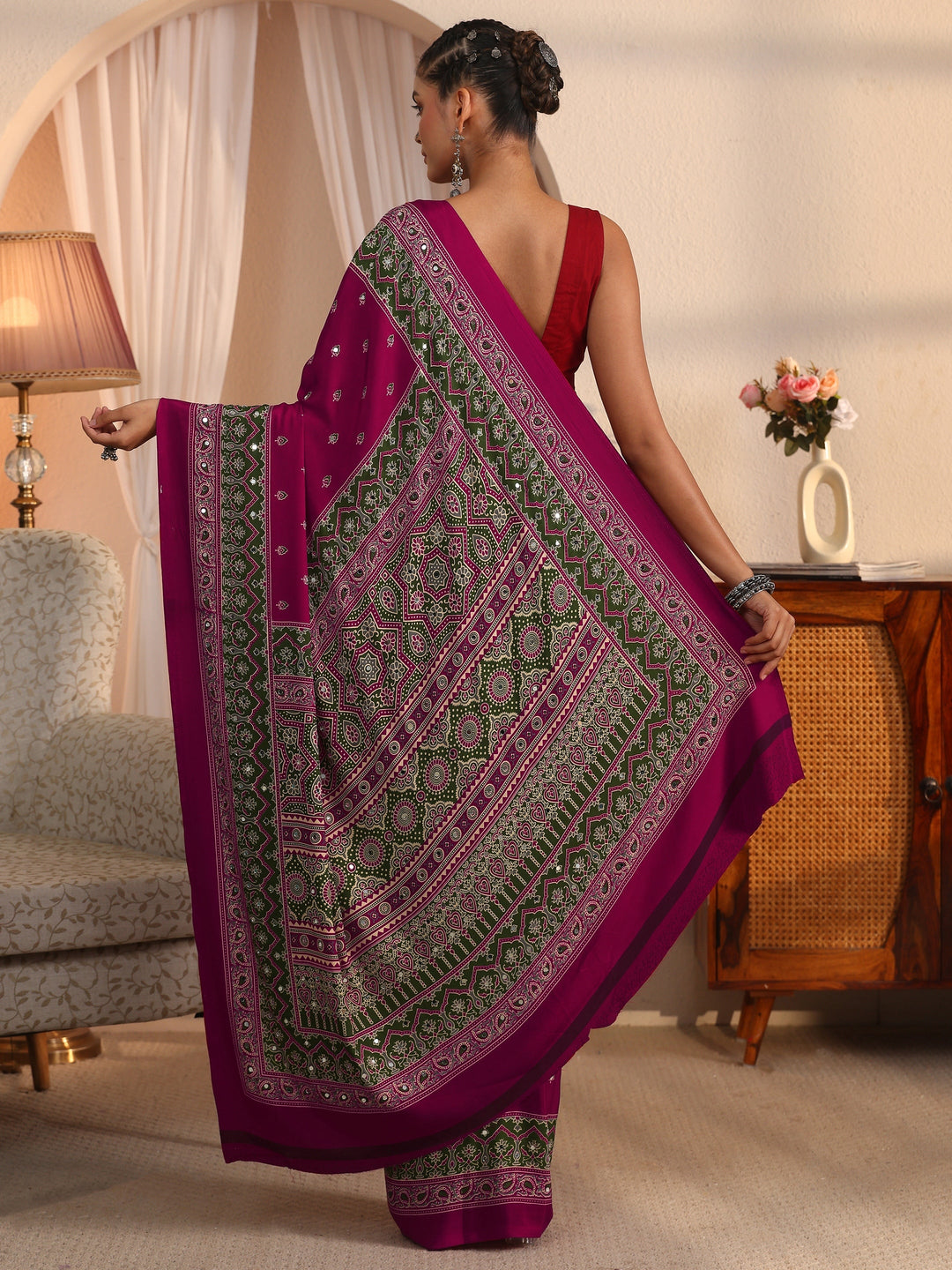 Libas Pink Printed Mirror Work Satin Saree