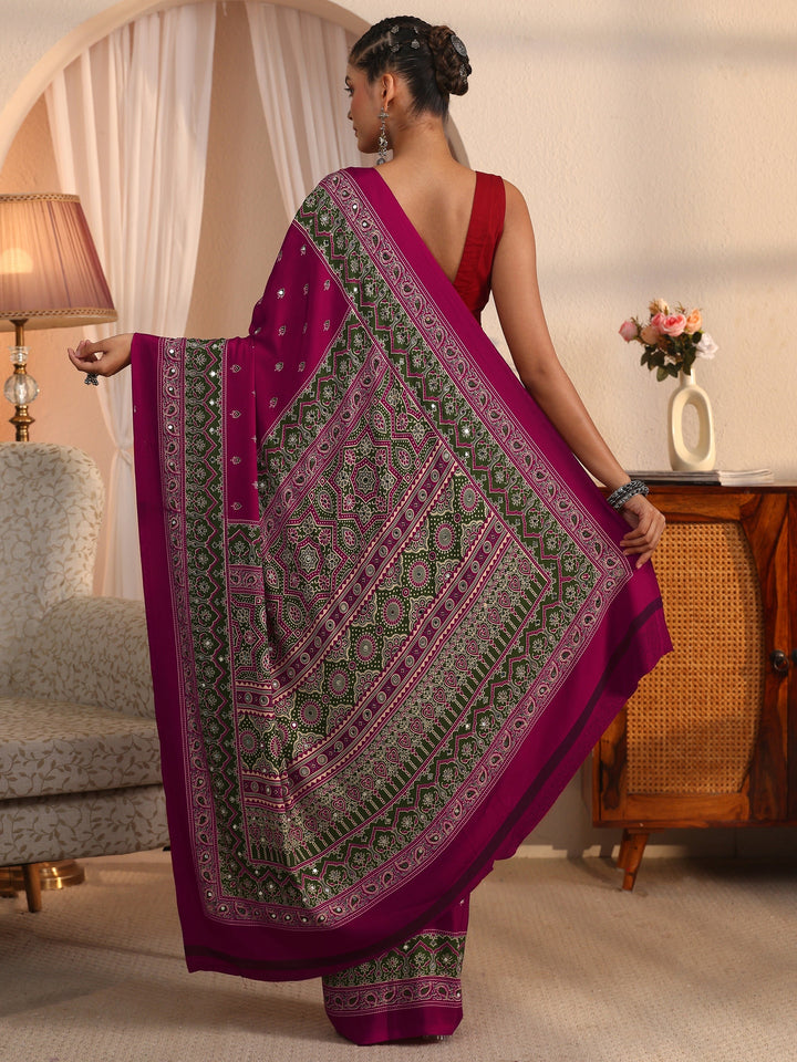 Libas Pink Printed Mirror Work Satin Saree