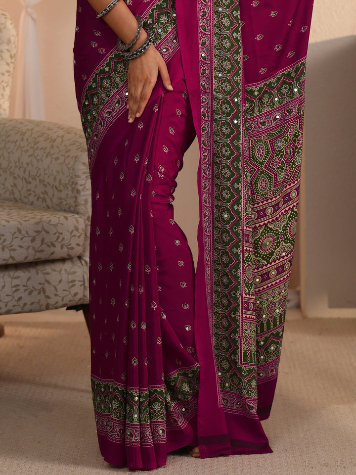 Libas Pink Printed Mirror Work Satin Saree