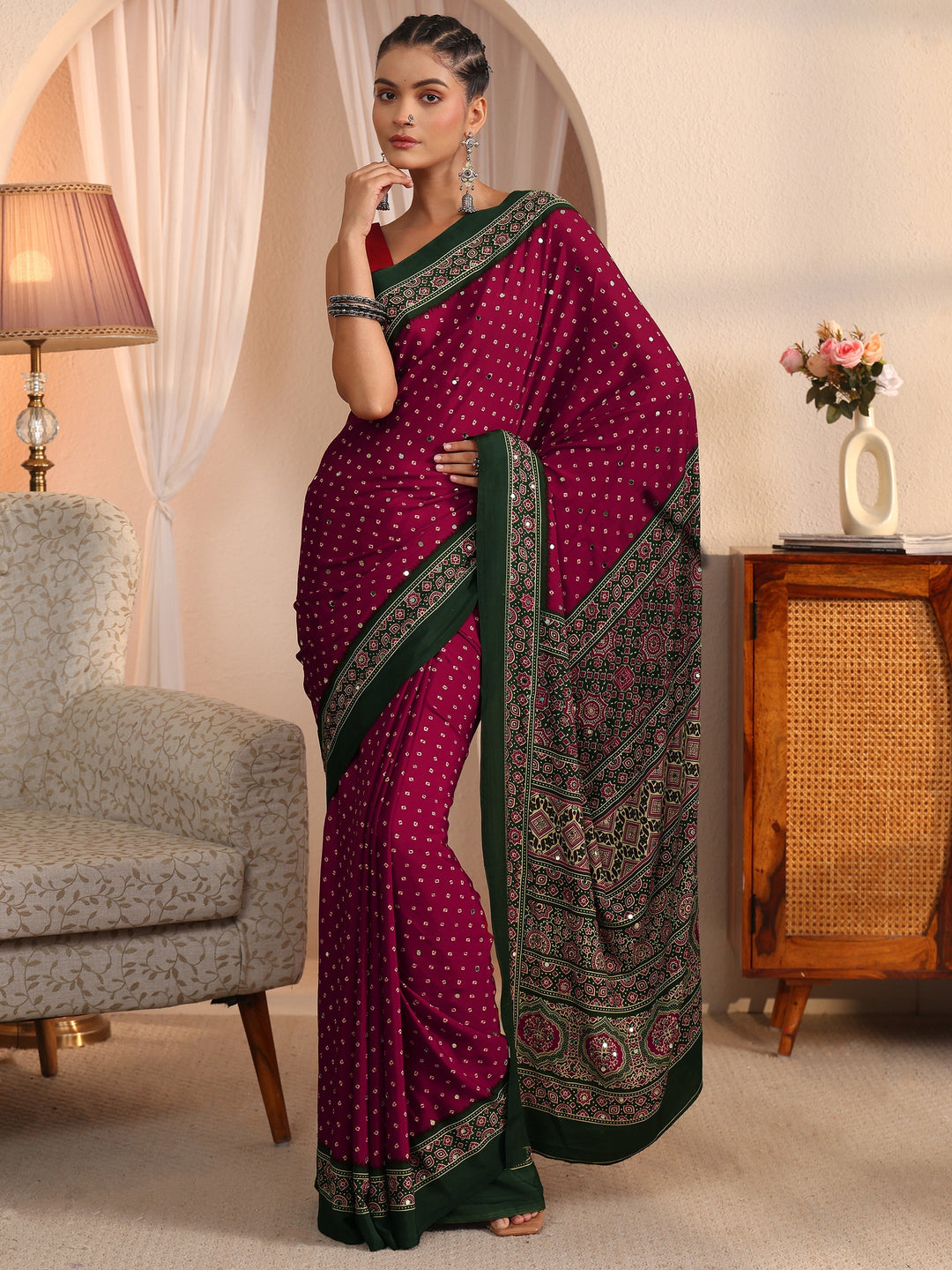 Libas Maroon Printed Mirror Work Satin Saree