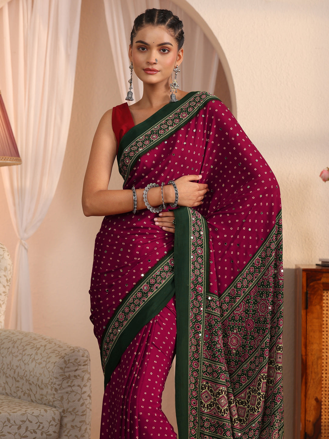 Libas Maroon Printed Mirror Work Satin Saree