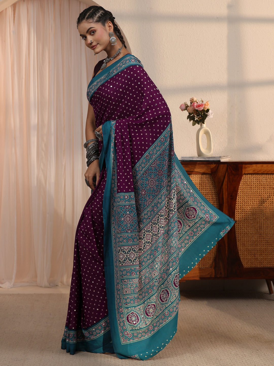 Libas Wine Printed Mirror Work Satin Saree