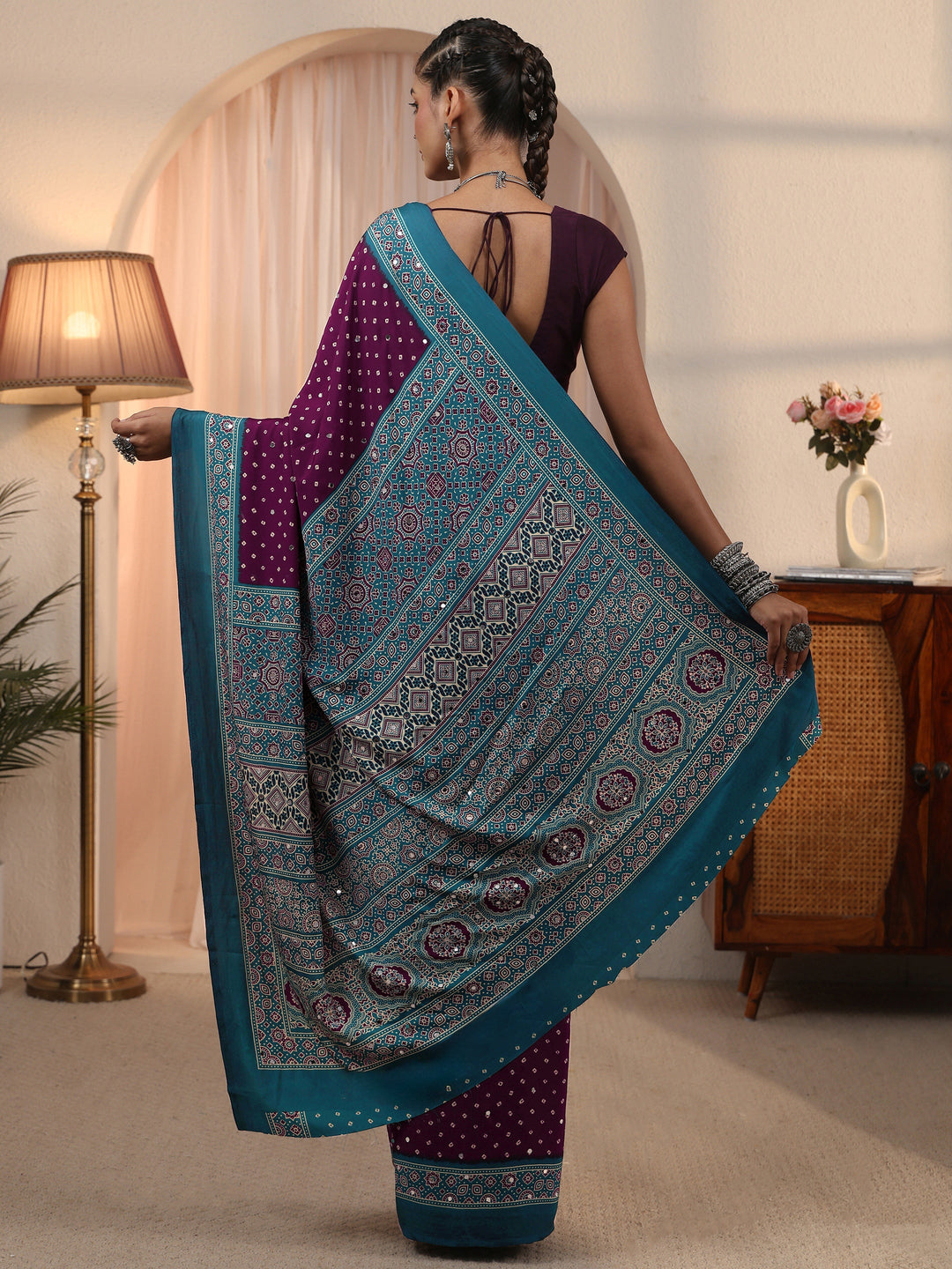 Libas Wine Printed Mirror Work Satin Saree