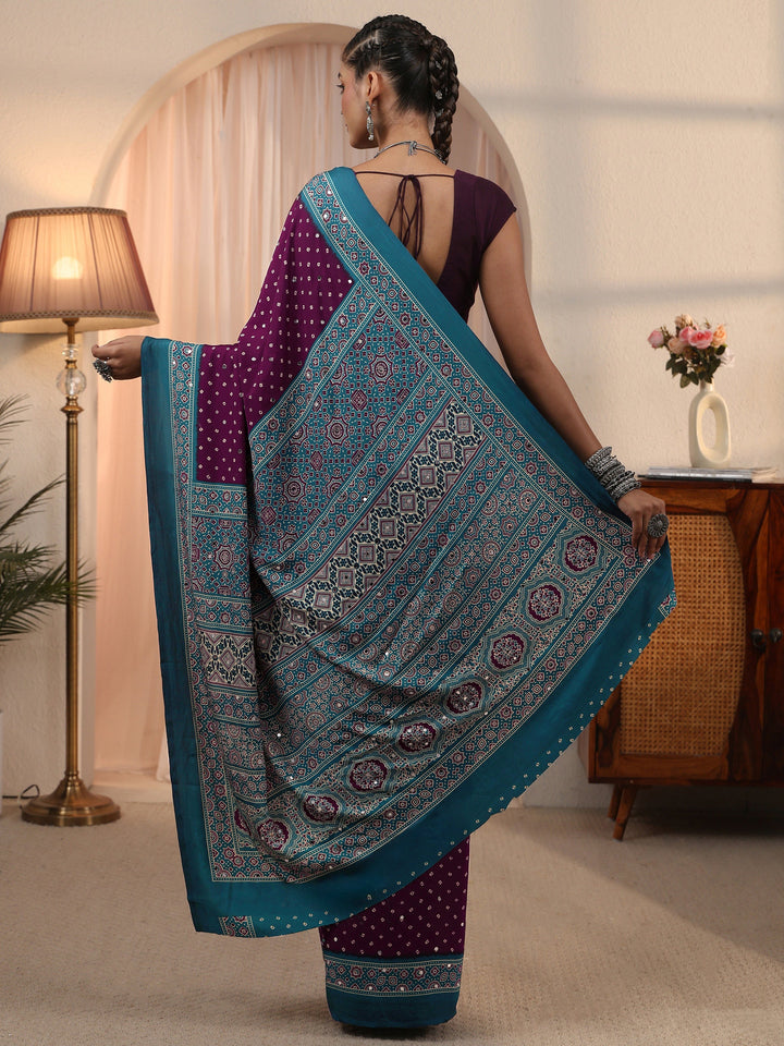 Libas Wine Printed Mirror Work Satin Saree