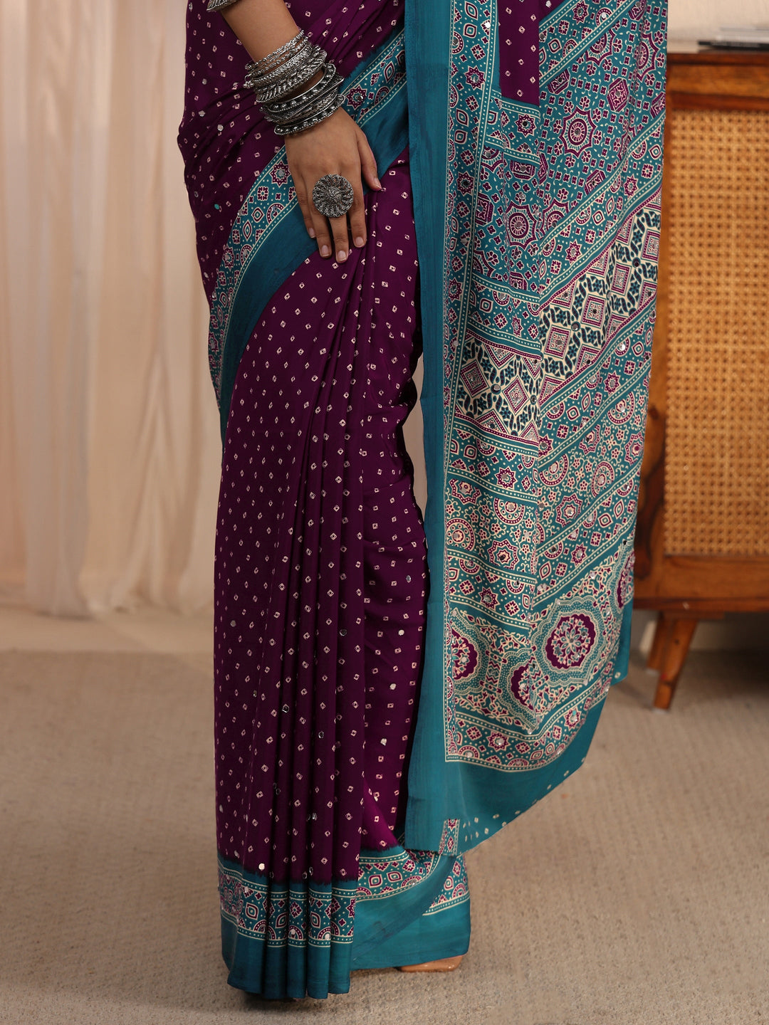 Libas Wine Printed Mirror Work Satin Saree