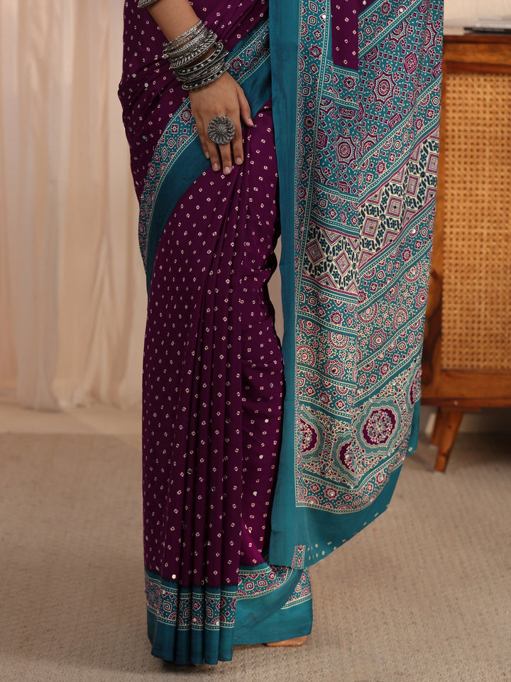 Libas Wine Printed Mirror Work Satin Saree