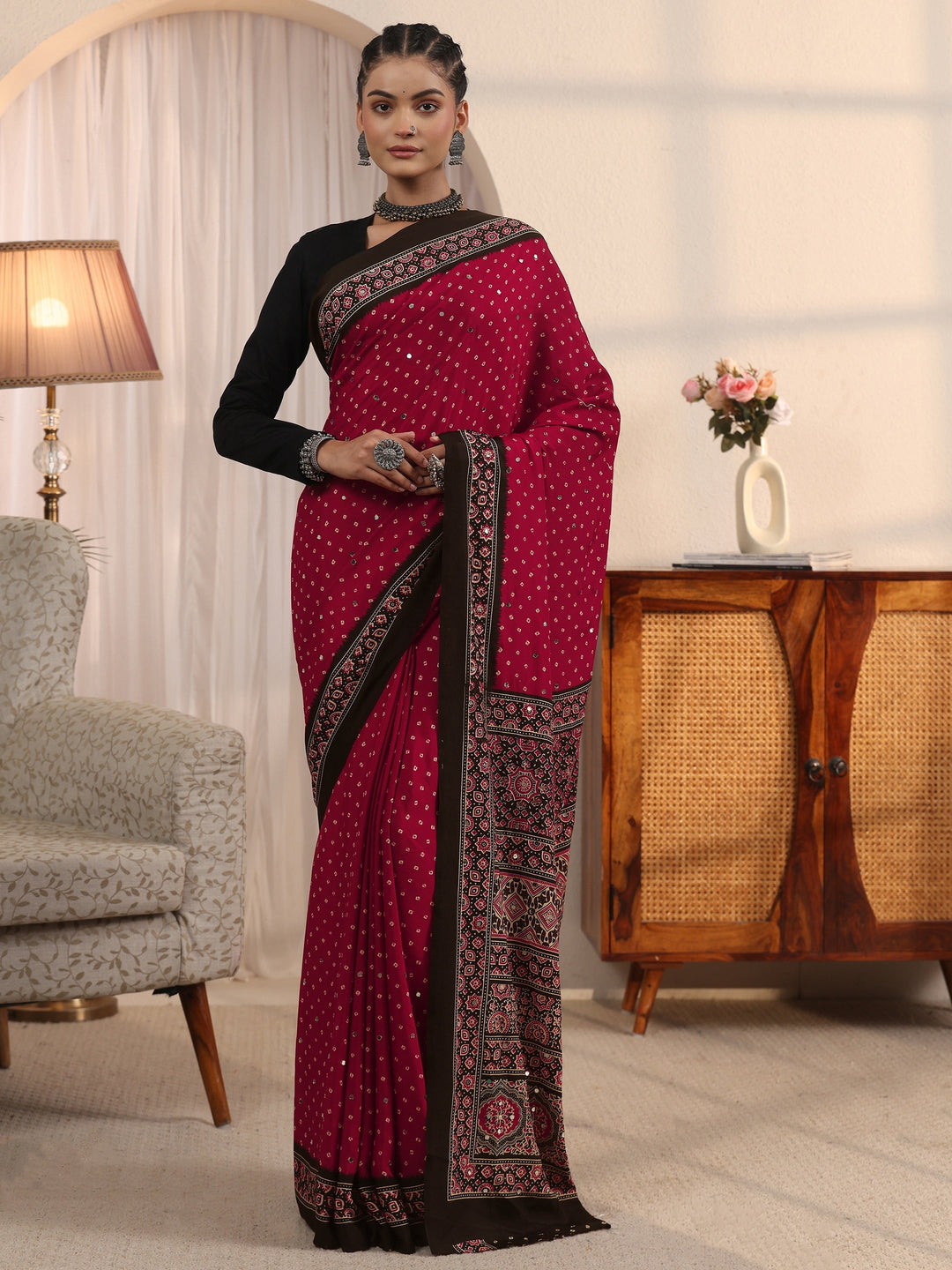 Libas Red Printed Mirror Work Satin Saree