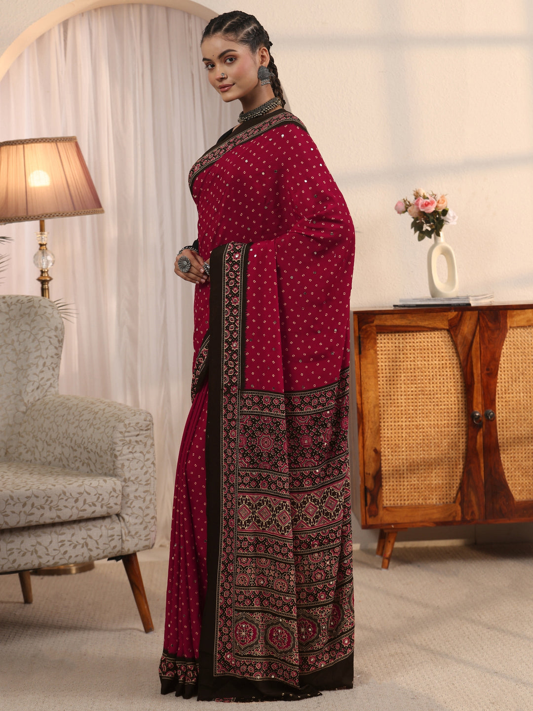 Libas Red Printed Mirror Work Satin Saree