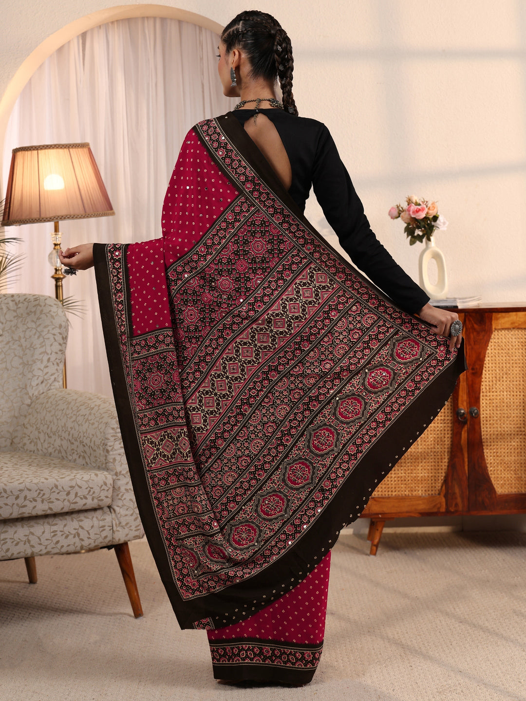 Libas Red Printed Mirror Work Satin Saree