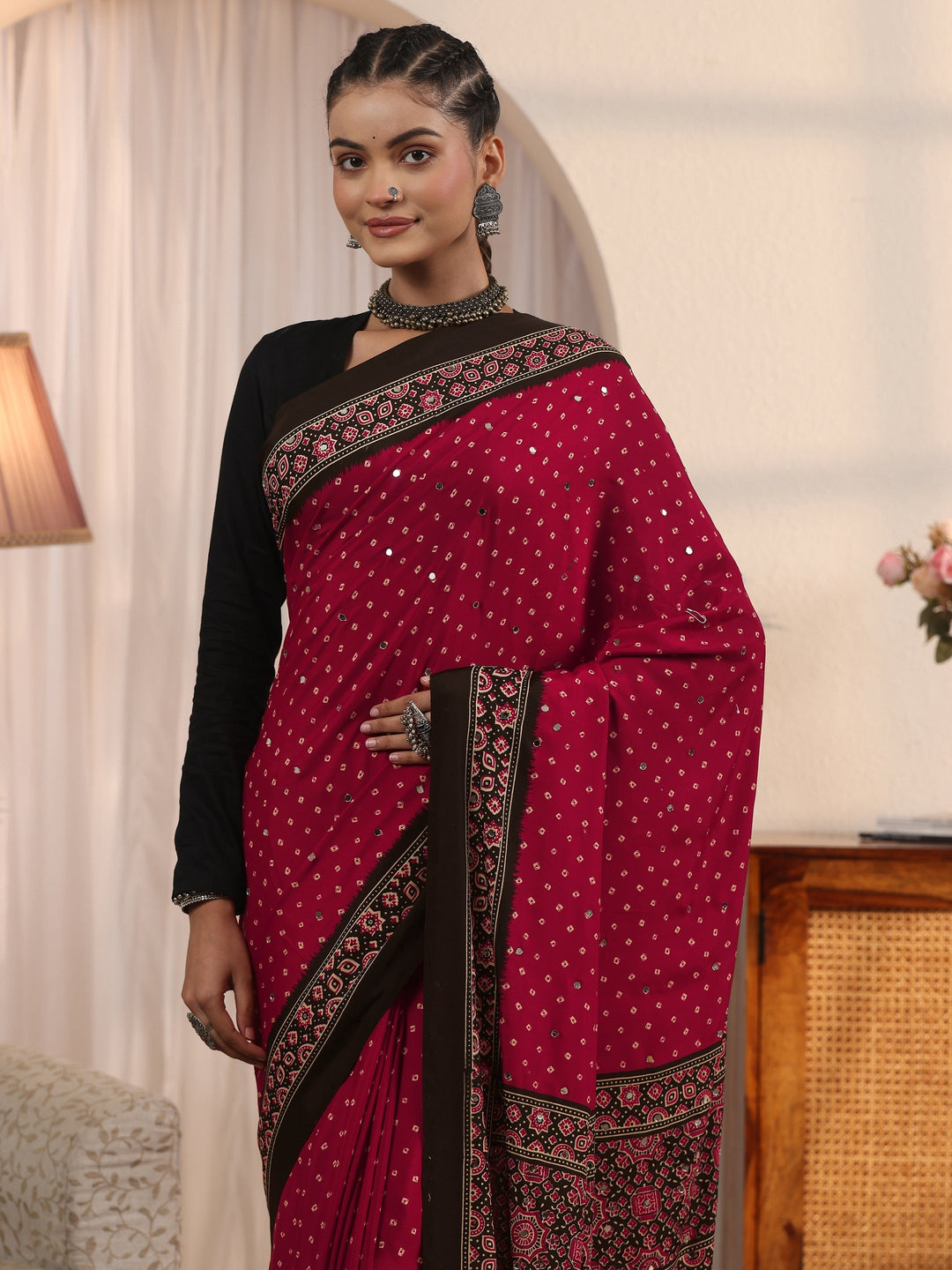 Libas Red Printed Mirror Work Satin Saree