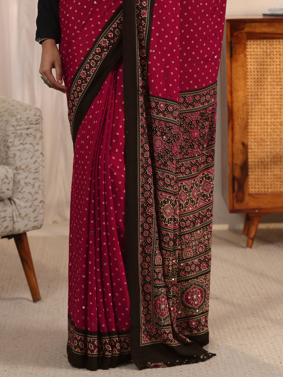 Libas Red Printed Mirror Work Satin Saree