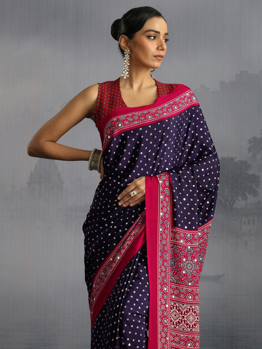 Libas Midnight Blue Ajrakh Print Mirror Work Satin Saree