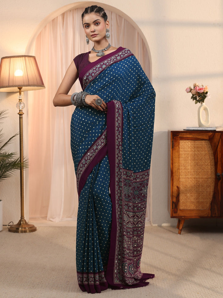 Libas Blue Printed Mirror Work Satin Saree