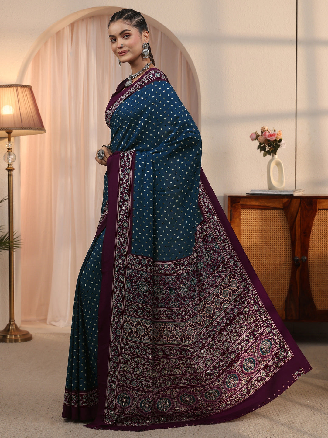 Libas Blue Printed Mirror Work Satin Saree