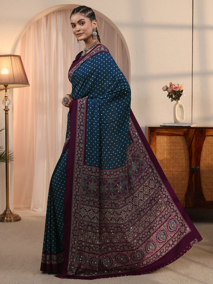 Libas Blue Printed Mirror Work Satin Saree