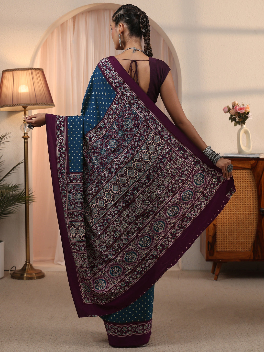 Libas Blue Printed Mirror Work Satin Saree
