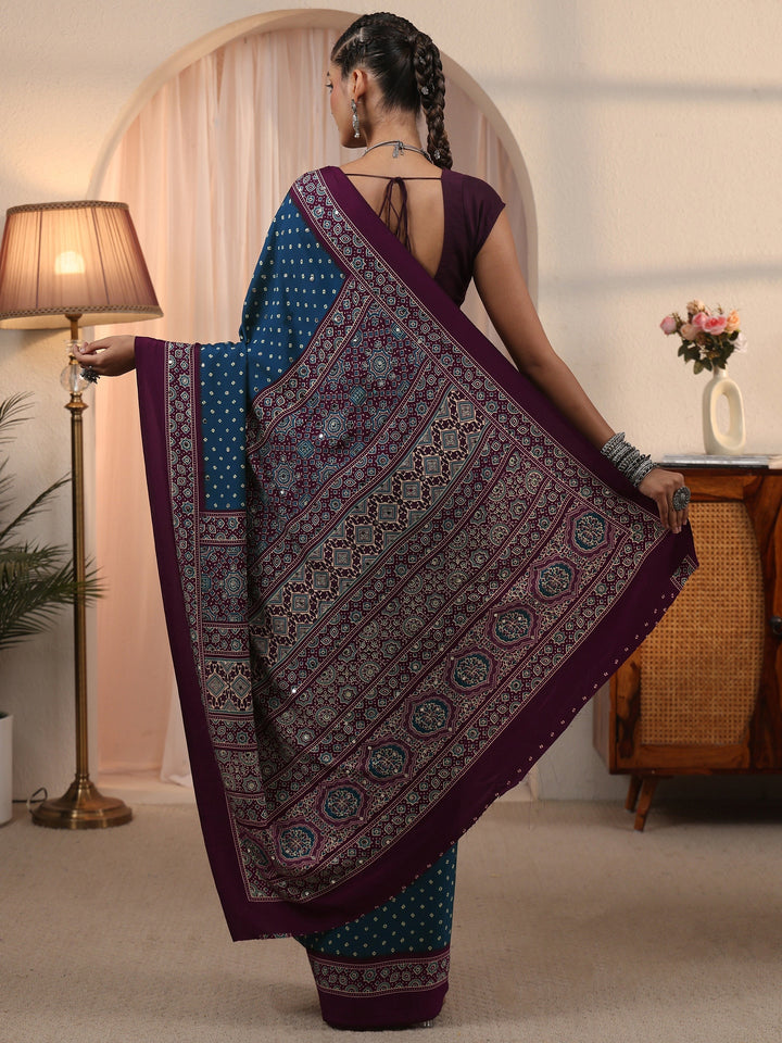 Libas Blue Printed Mirror Work Satin Saree