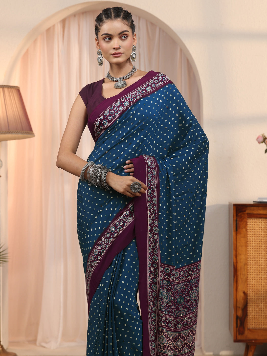 Libas Blue Printed Mirror Work Satin Saree