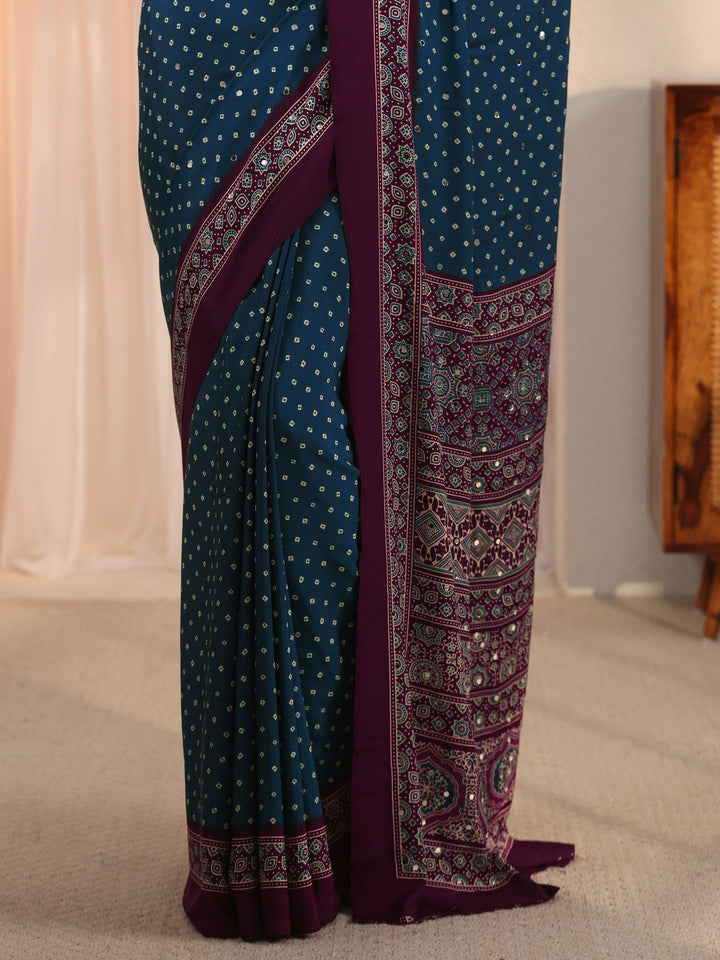 Libas Blue Printed Mirror Work Satin Saree