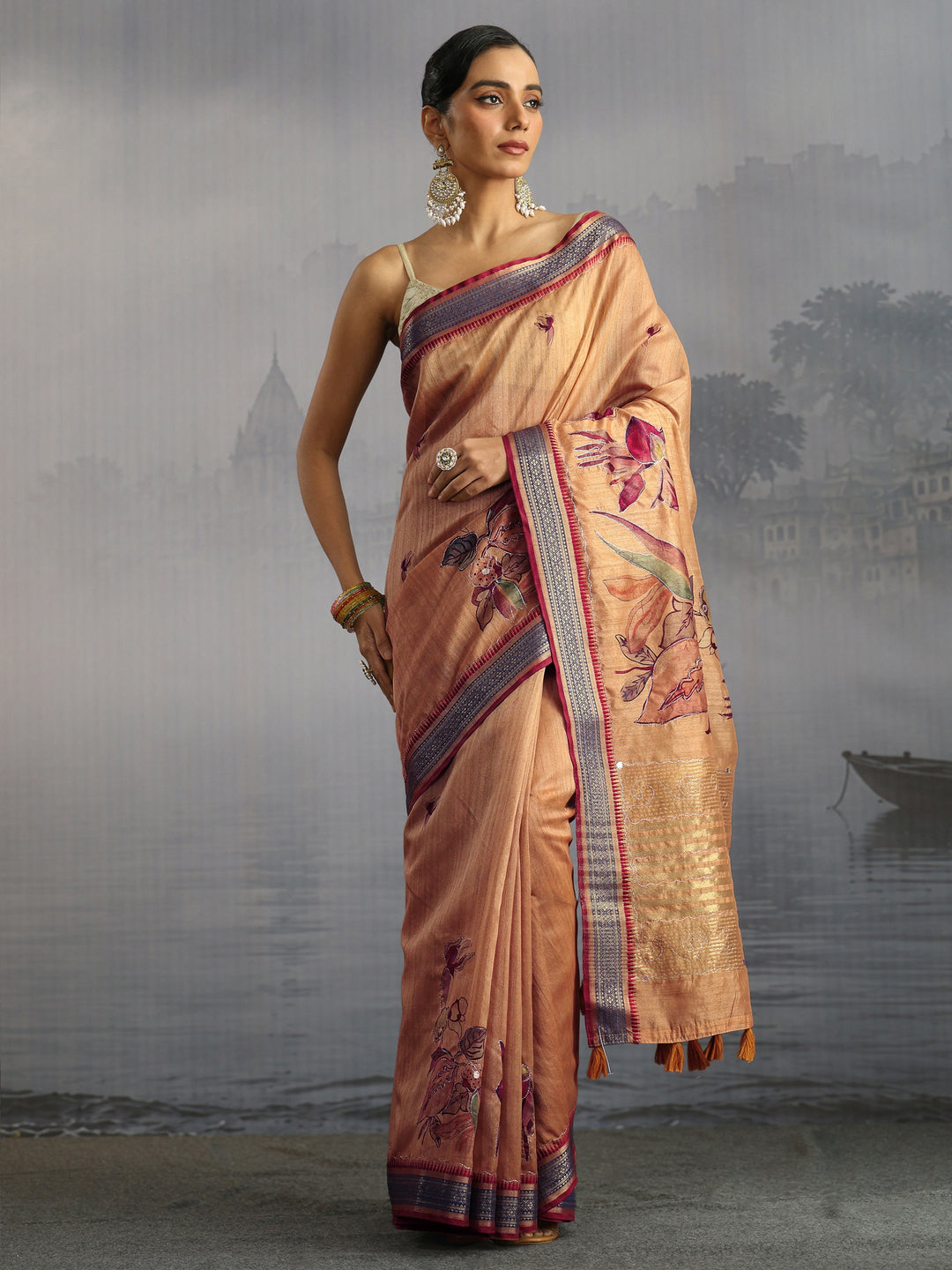 Libas Mustard Floral Printed Silk Blend Tassel Saree