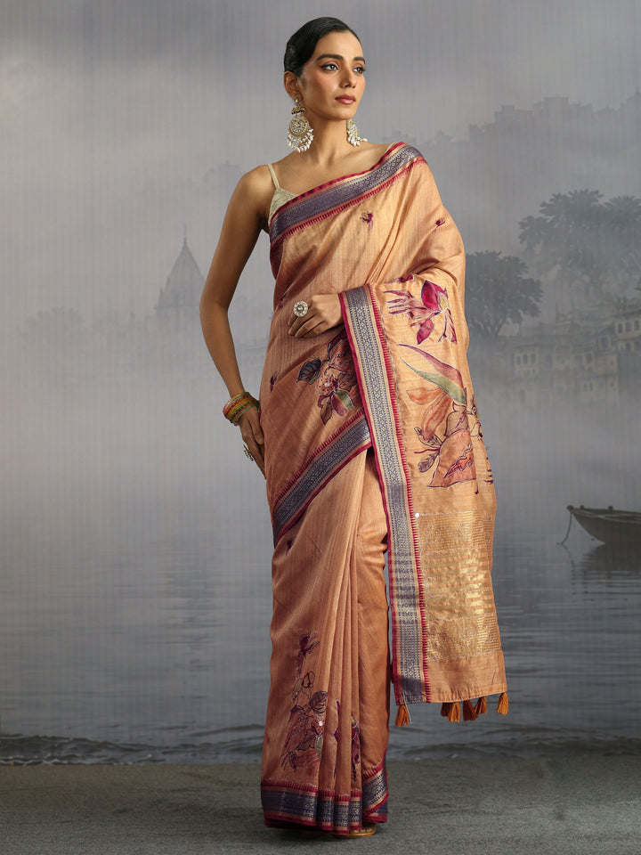 Libas Mustard Floral Printed Silk Blend Tassel Saree