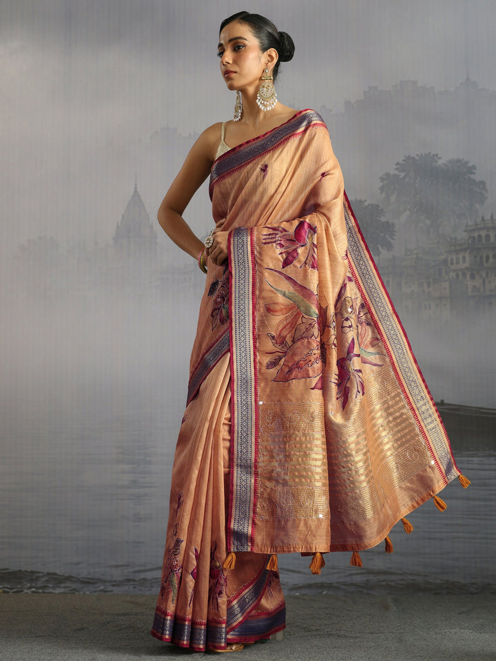 Libas Mustard Floral Printed Silk Blend Tassel Saree