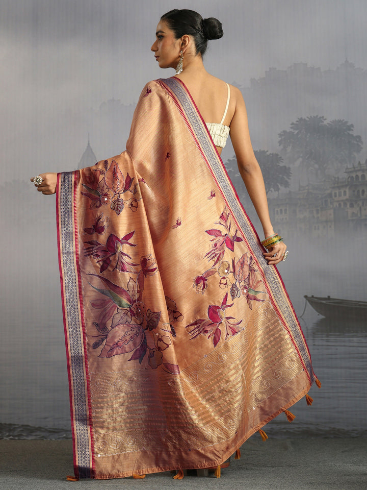 Libas Mustard Floral Printed Silk Blend Tassel Saree