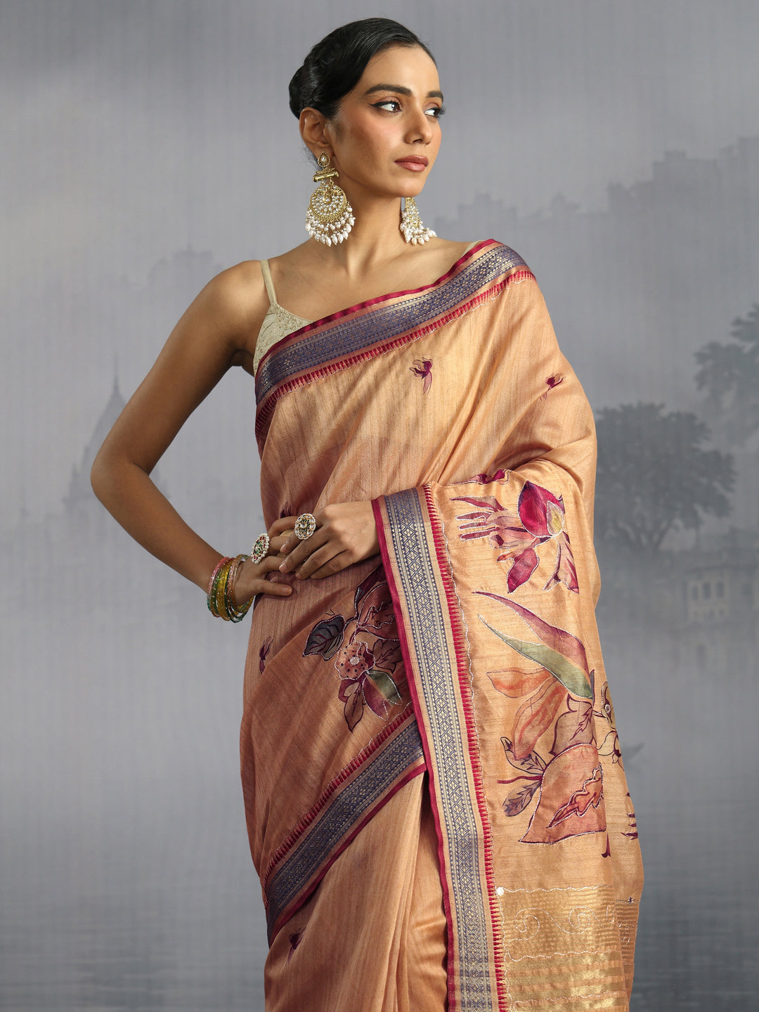 Libas Mustard Floral Printed Silk Blend Tassel Saree