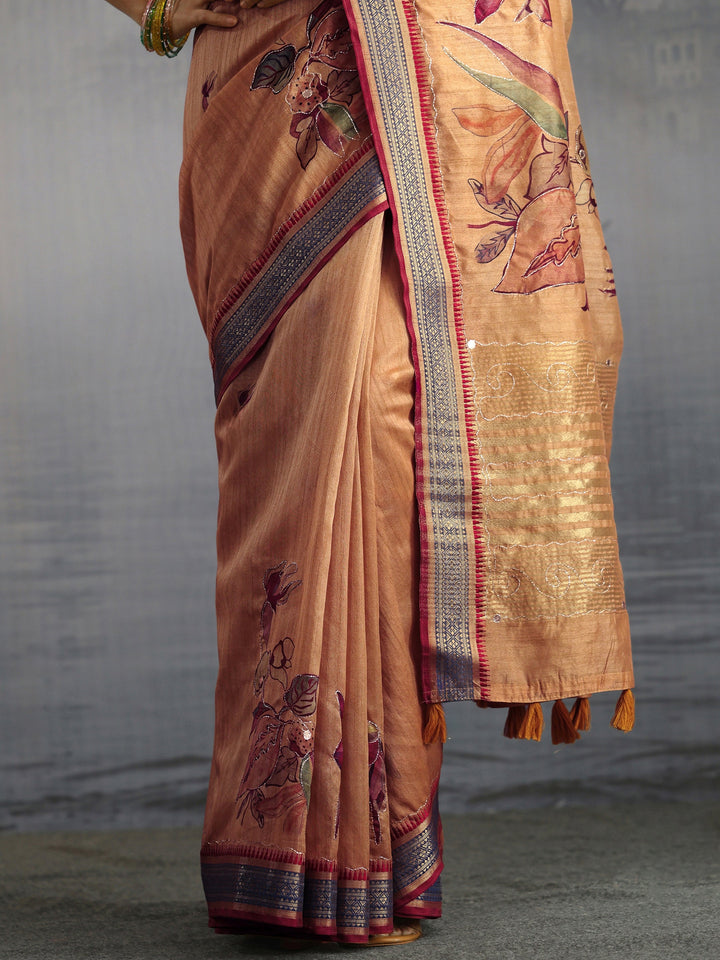 Libas Mustard Floral Printed Silk Blend Tassel Saree