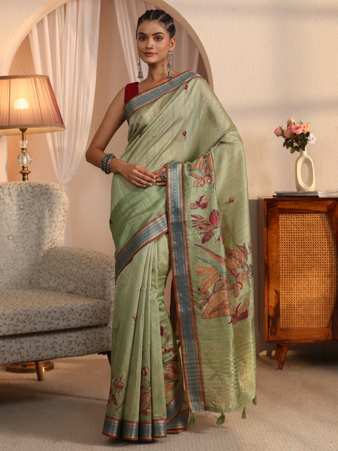 Libas Green Floral Printed Silk Blend Tassel Saree with Woven Border