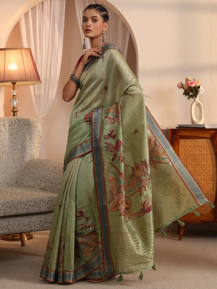 Libas Green Floral Printed Silk Blend Tassel Saree with Woven Border