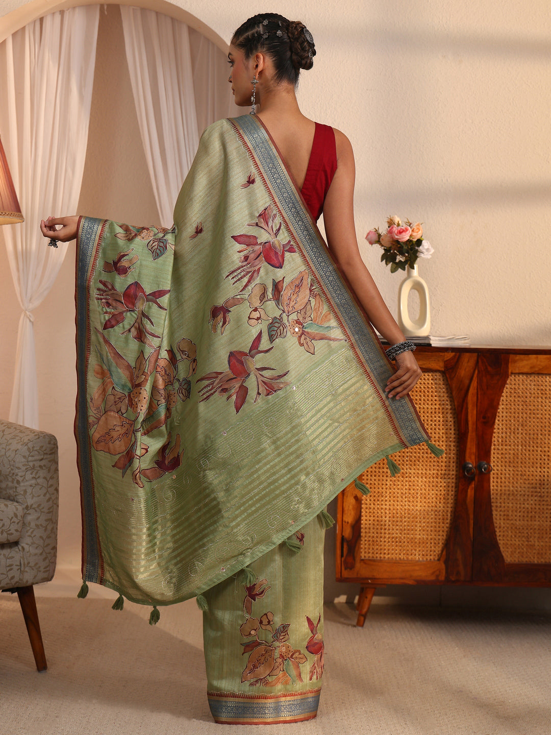 Libas Green Floral Printed Silk Blend Tassel Saree with Woven Border