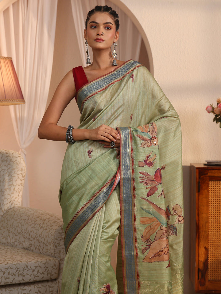 Libas Green Floral Printed Silk Blend Tassel Saree with Woven Border