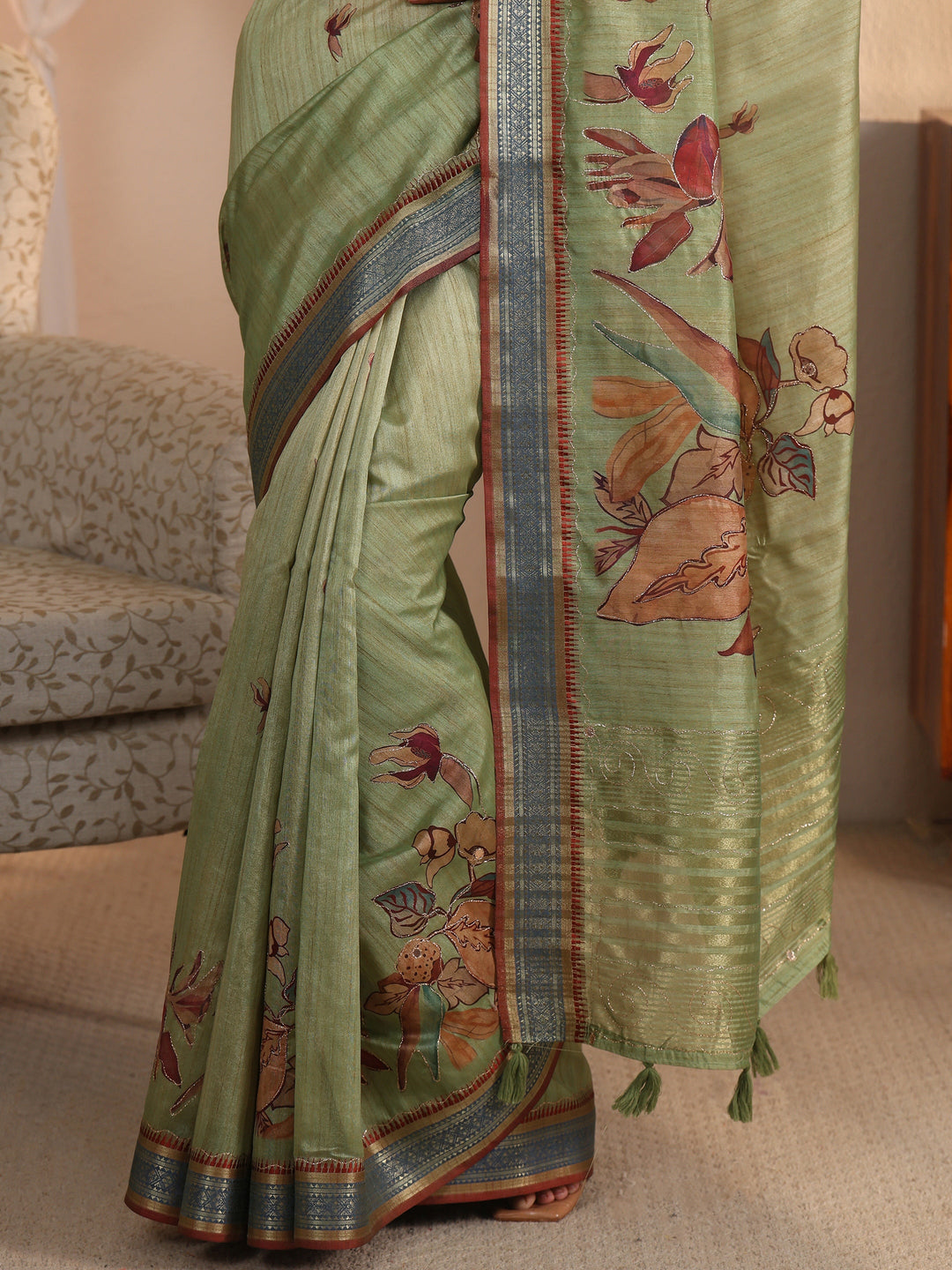 Libas Green Floral Printed Silk Blend Tassel Saree with Woven Border