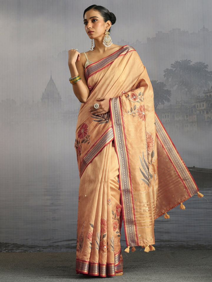 Libas Beige Floral Printed Silk Blend Tassel Saree