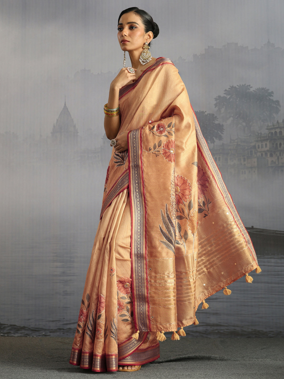 Libas Beige Floral Printed Silk Blend Tassel Saree